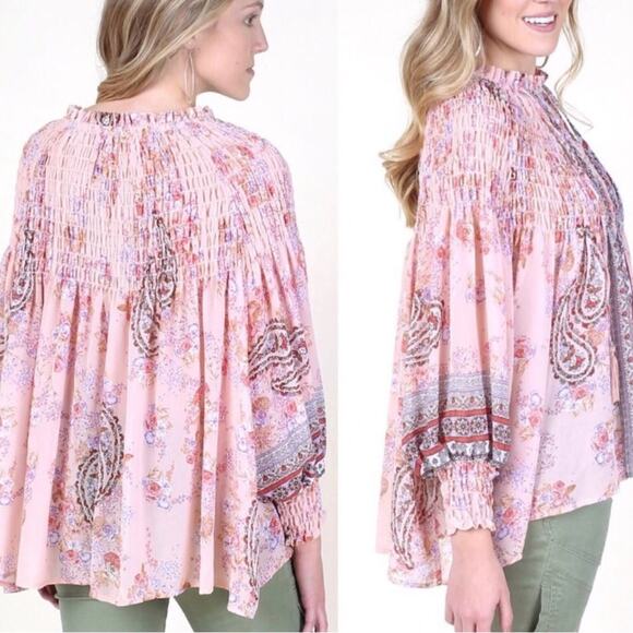 Altar’d State Blouse Women's Size S Peach Floral Paisley Boho Smocked Button Up - Picture 11 of 12